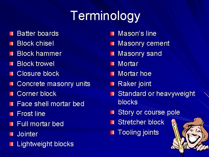 Terminology Batter boards Block chisel Block hammer Block trowel Closure block Concrete masonry units
