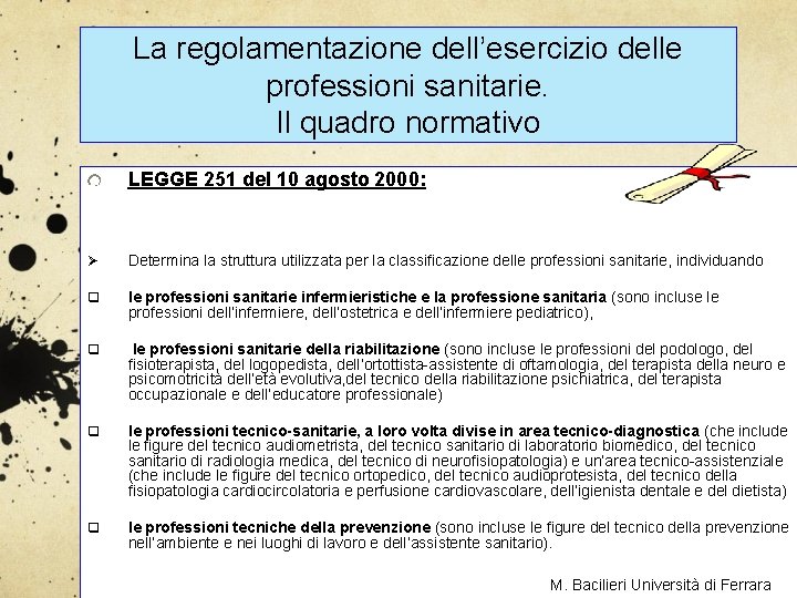 La regolamentazione dell’esercizio delle professioni sanitarie. Il quadro normativo LEGGE 251 del 10 agosto