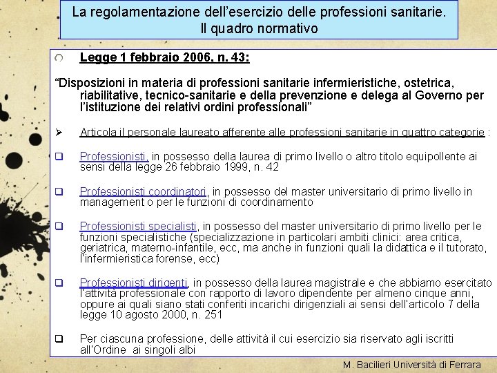 La regolamentazione dell’esercizio delle professioni sanitarie. Il quadro normativo Legge 1 febbraio 2006, n.