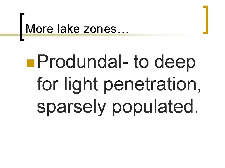 More lake zones… n Produndal- to deep for light penetration, sparsely populated. 