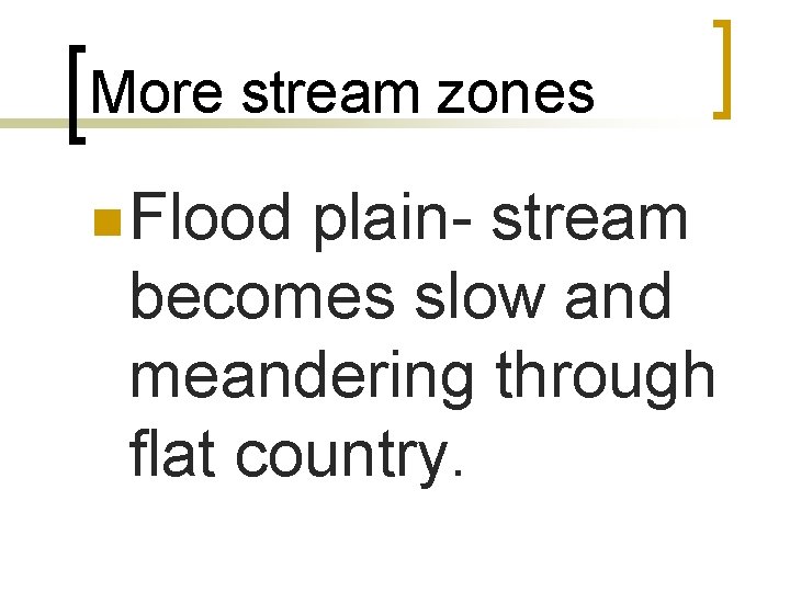 More stream zones n Flood plain- stream becomes slow and meandering through flat country.