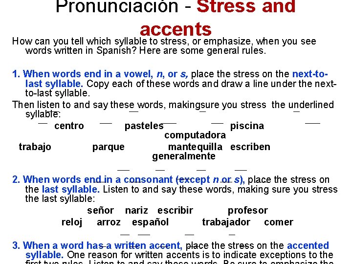 Pronunciación - Stress and accents How can you tell which syllable to stress, or