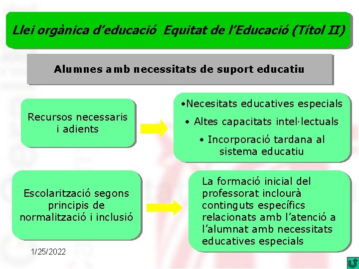 Llei orgànica d’educació Equitat de l’Educació (Títol II) Alumnes amb necessitats de suport educatiu
