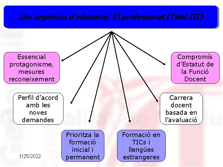 Llei orgànica d’educació El professorat (Títol III) Essencial protagonisme, mesures reconeixement Compromís d’Estatut de