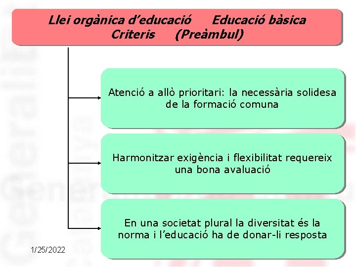 Llei orgànica d’educació Educació bàsica Criteris (Preàmbul) Atenció a allò prioritari: la necessària solidesa