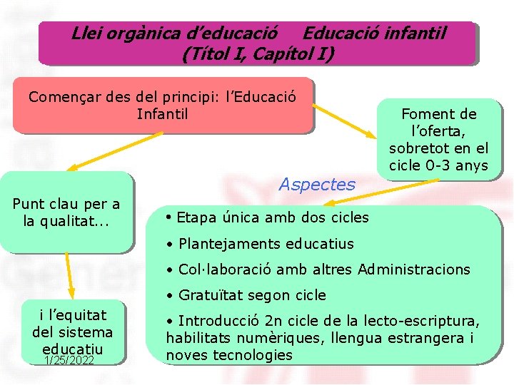 Llei orgànica d’educació Educació infantil (Títol I, Capítol I) Començar des del principi: l’Educació