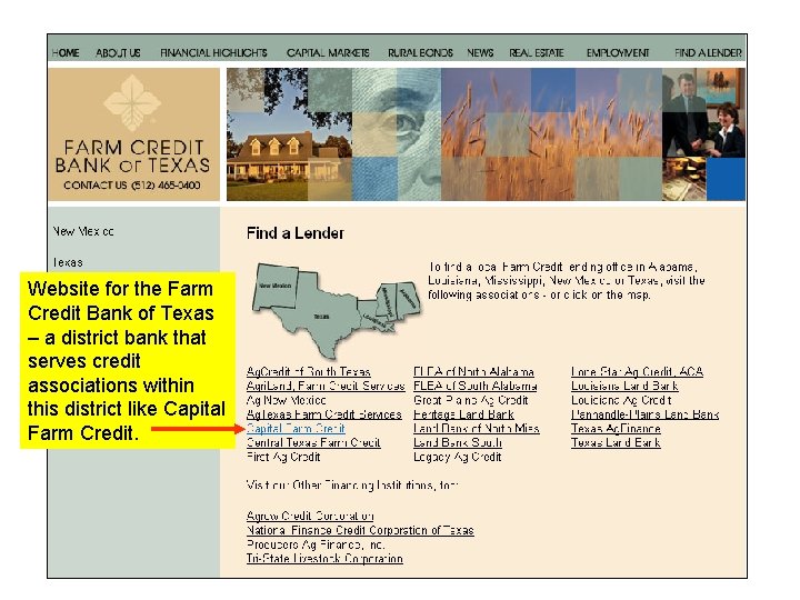 Website for the Farm Credit Bank of Texas – a district bank that serves
