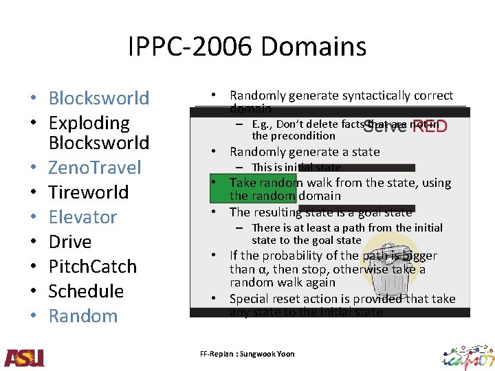 IPPC-2006 Domains • Blocksworld • Exploding Blocksworld • Zeno. Travel • Tireworld • Elevator