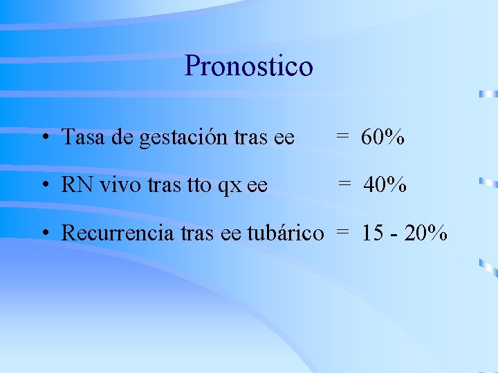 Pronostico • Tasa de gestación tras ee = 60% • RN vivo tras tto