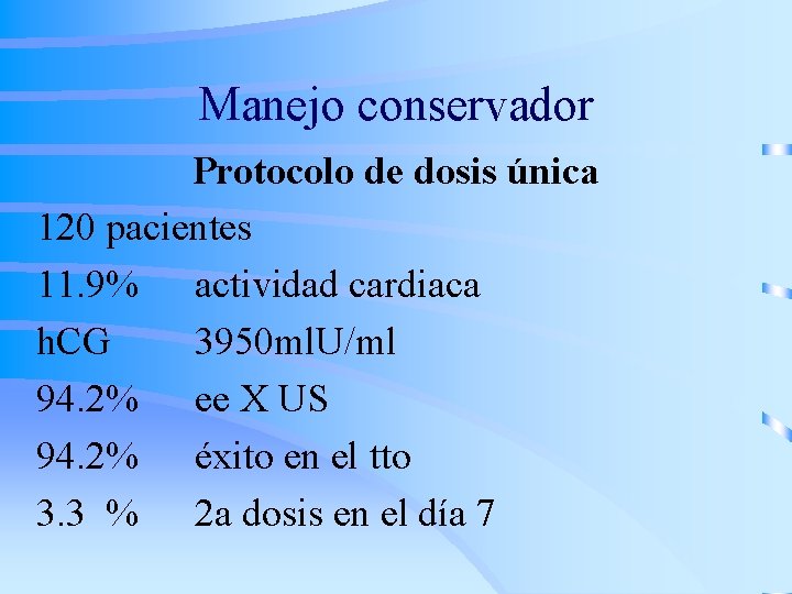 Manejo conservador Protocolo de dosis única 120 pacientes 11. 9% actividad cardiaca h. CG