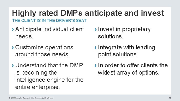 Highly rated DMPs anticipate and invest THE CLIENT IS IN THE DRIVER’S SEAT ›