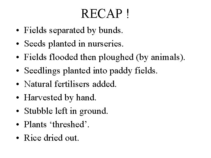 RECAP ! • • • Fields separated by bunds. Seeds planted in nurseries. Fields