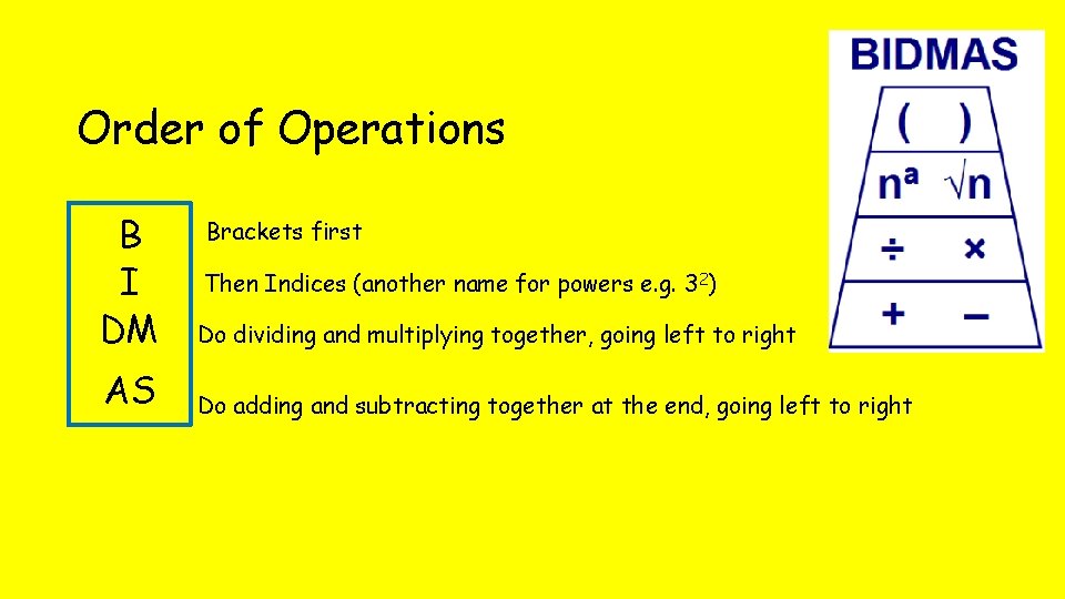 Order of Operations B I DM Do dividing and multiplying together, going left to