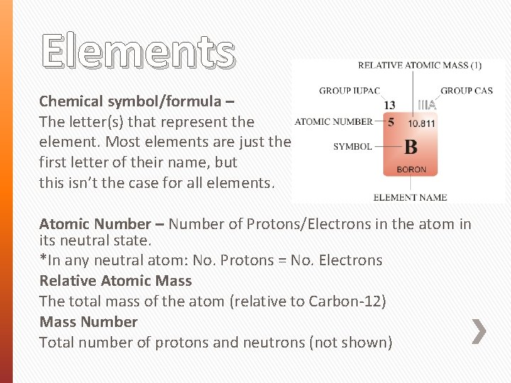 Elements Chemical symbol/formula – The letter(s) that represent the element. Most elements are just