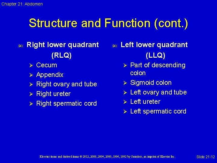 Chapter 21: Abdomen Structure and Function (cont. ) Right lower quadrant (RLQ) Ø Ø