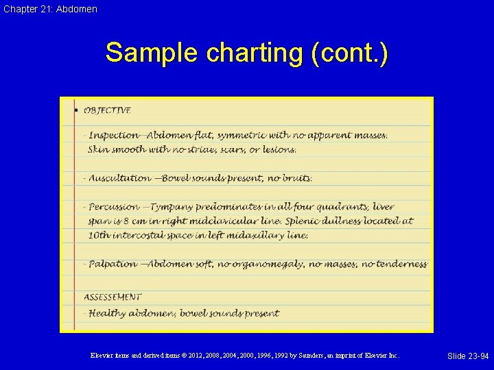 Chapter 21: Abdomen Sample charting (cont. ) Elsevier items and derived items © 2012,