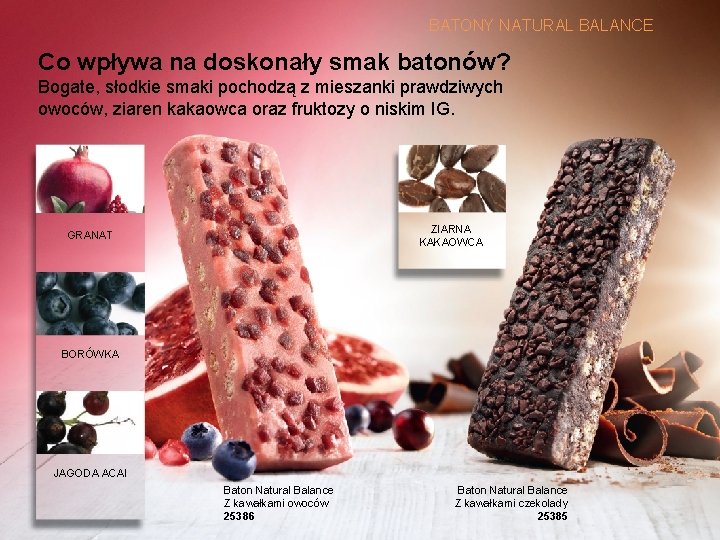 BATONY NATURAL BALANCE Co wpływa na doskonały smak batonów? Bogate, słodkie smaki pochodzą z