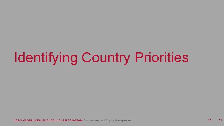 Identifying Country Priorities USAID GLOBAL HEALTH SUPPLY CHAIN PROGRAM-Procurement and Supply Management 11 11