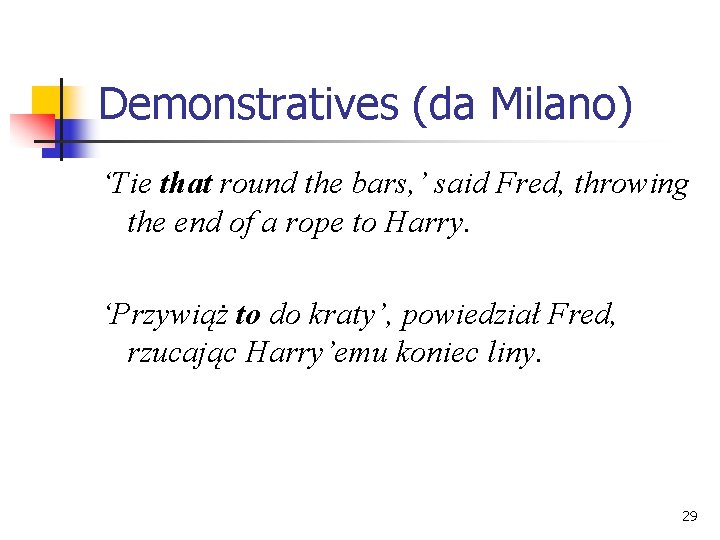 Demonstratives (da Milano) ‘Tie that round the bars, ’ said Fred, throwing the end