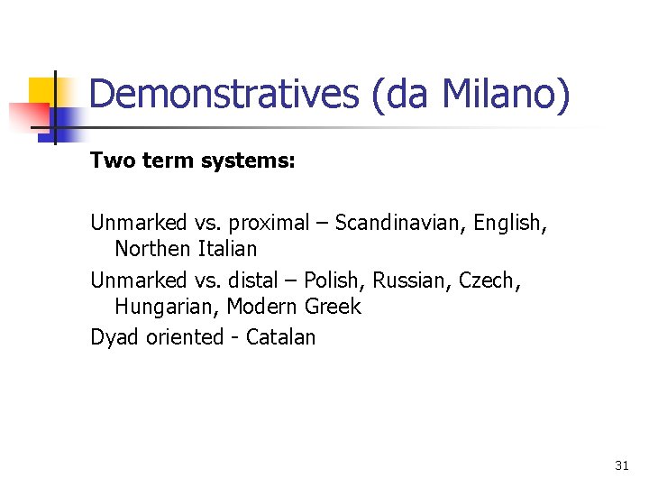 Demonstratives (da Milano) Two term systems: Unmarked vs. proximal – Scandinavian, English, Northen Italian