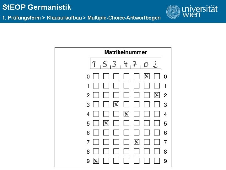St. EOP Germanistik ÜBERSCHRIFT 1. Prüfungsform > Klausuraufbau > Multiple-Choice-Antwortbogen Matrikel-Nummer eintragen: 
