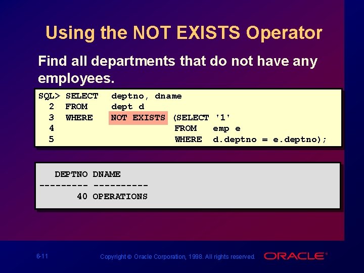 Using the NOT EXISTS Operator Find all departments that do not have any employees. Using the NOT EXISTS Operator Find all departments that do not have any employees.