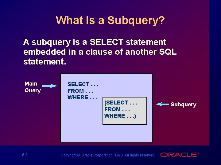 What Is a Subquery? A subquery is a SELECT statement embedded in a clause
