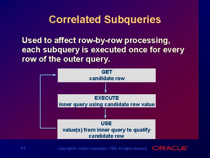 Correlated Subqueries Used to affect row-by-row processing, each subquery is executed once for every Correlated Subqueries Used to affect row-by-row processing, each subquery is executed once for every