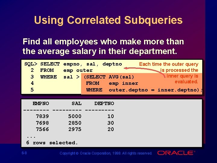 Using Correlated Subqueries Find all employees who make more than the average salary in