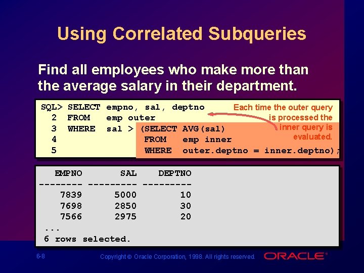 Using Correlated Subqueries Find all employees who make more than the average salary in Using Correlated Subqueries Find all employees who make more than the average salary in