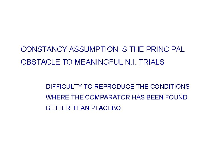 CONSTANCY ASSUMPTION IS THE PRINCIPAL OBSTACLE TO MEANINGFUL N. I. TRIALS DIFFICULTY TO REPRODUCE