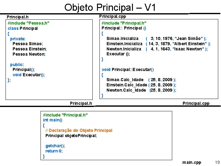Objeto Principal – V 1 Principal. cpp Principal. h #include "Pessoa. h" class Principal