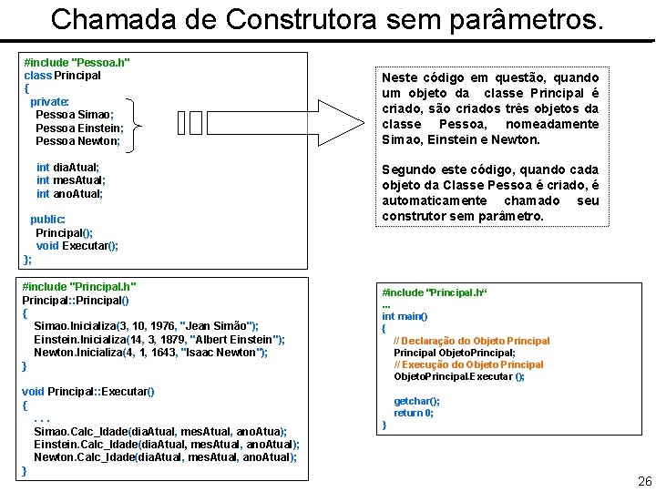 Chamada de Construtora sem parâmetros. #include "Pessoa. h" class Principal { private: Pessoa Simao;