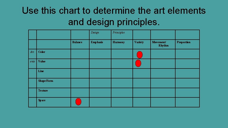 Use this chart to determine the art elements and design principles. Balance Art Color