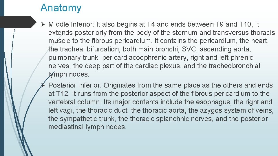 Anatomy Ø Middle Inferior: It also begins at T 4 and ends between T