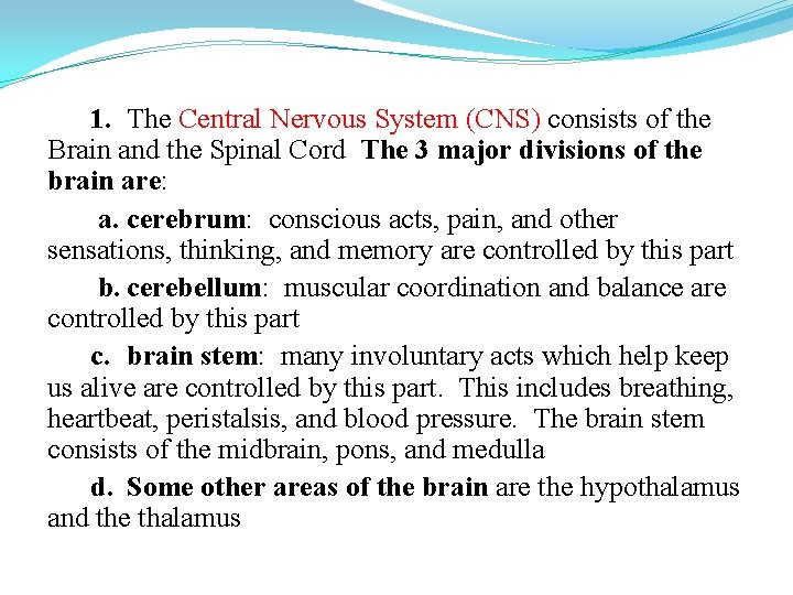1. The Central Nervous System (CNS) consists of the Brain and the Spinal Cord