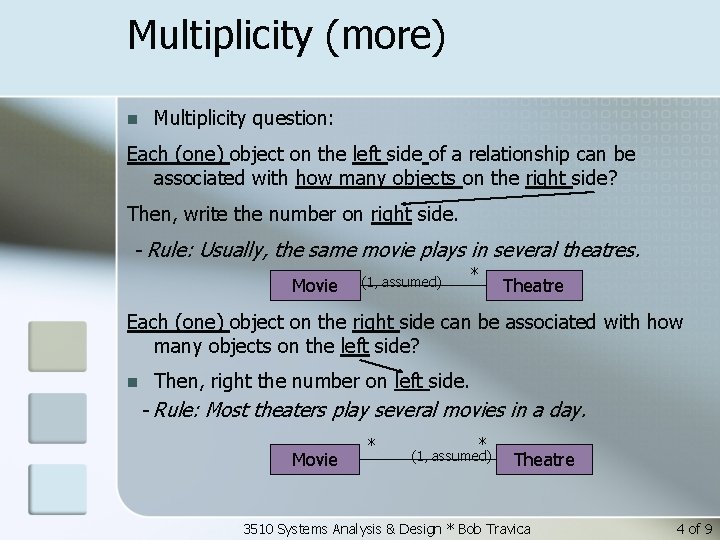 Multiplicity (more) n Multiplicity question: Each (one) object on the left side of a