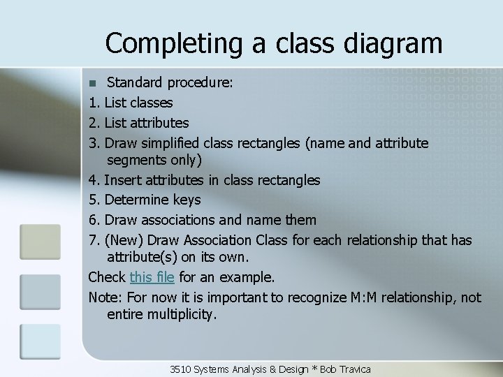 Completing a class diagram Standard procedure: 1. List classes 2. List attributes 3. Draw