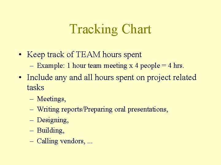 Tracking Chart • Keep track of TEAM hours spent – Example: 1 hour team