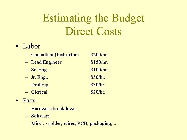 Estimating the Budget Direct Costs • Labor – – – Consultant (Instructor) Lead Engineer