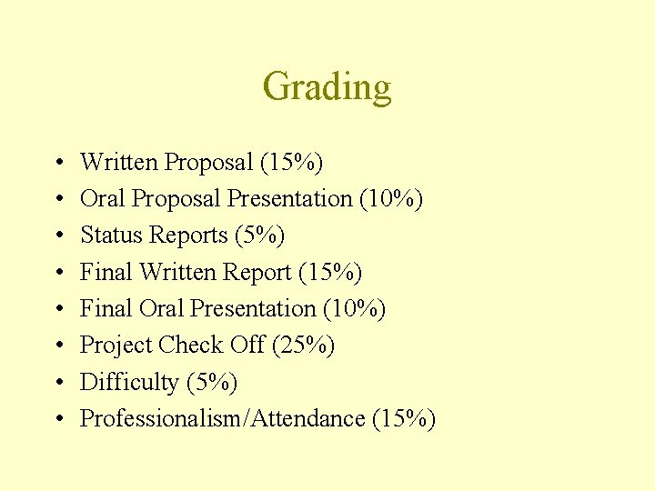 Grading • • Written Proposal (15%) Oral Proposal Presentation (10%) Status Reports (5%) Final