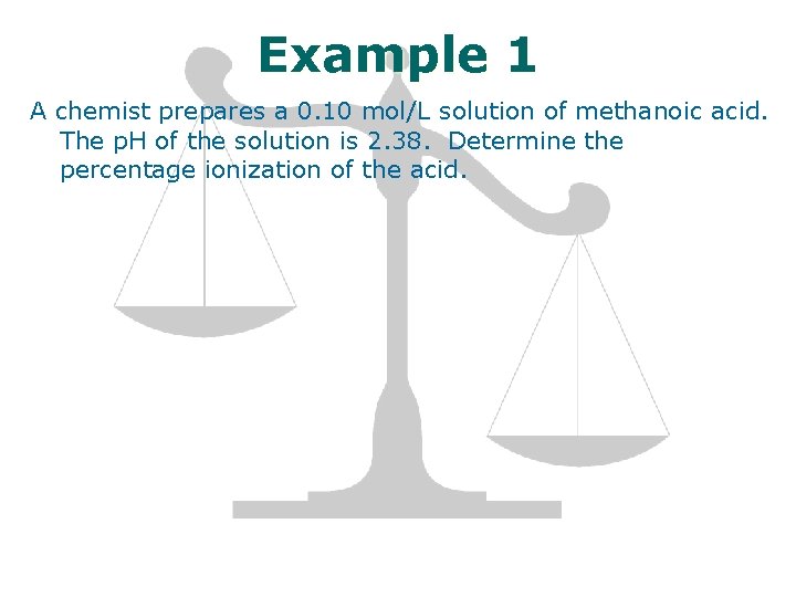 Example 1 A chemist prepares a 0. 10 mol/L solution of methanoic acid. The