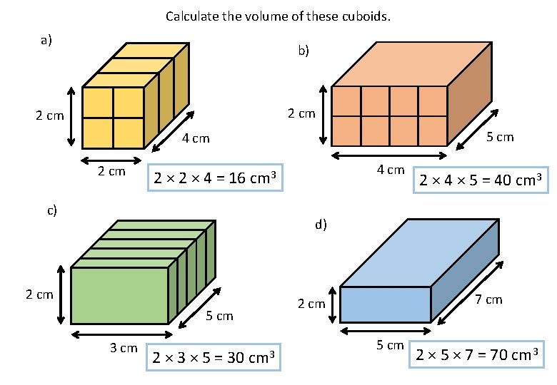 Calculate the volume of these cuboids. a) b) 2 cm 5 cm 4 cm