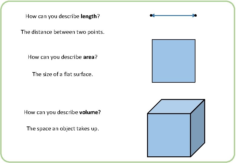 How can you describe length? The distance between two points. How can you describe