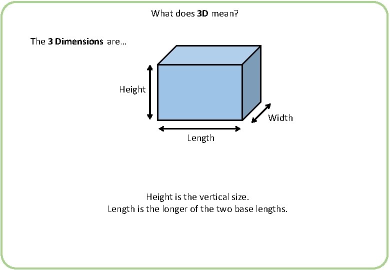 What does 3 D mean? The 3 Dimensions are… Height Width Length Height is