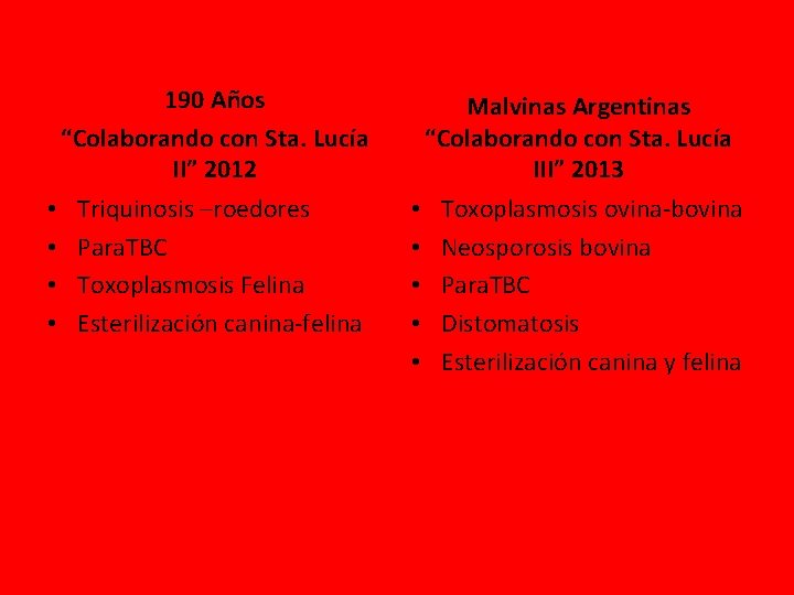 190 Años “Colaborando con Sta. Lucía II” 2012 • • Triquinosis –roedores Para. TBC 190 Años “Colaborando con Sta. Lucía II” 2012 • • Triquinosis –roedores Para. TBC