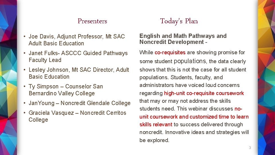 Presenters Today’s Plan • Joe Davis, Adjunct Professor, Mt SAC Adult Basic Education English