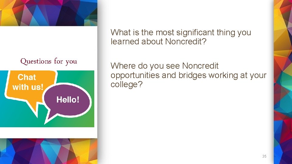 What is the most significant thing you learned about Noncredit? Questions for you Where