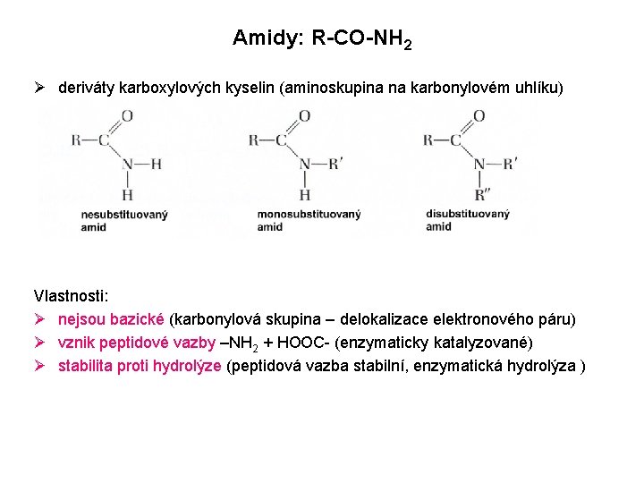 Amidy: R-CO-NH 2 Ø deriváty karboxylových kyselin (aminoskupina na karbonylovém uhlíku) Vlastnosti: Ø nejsou