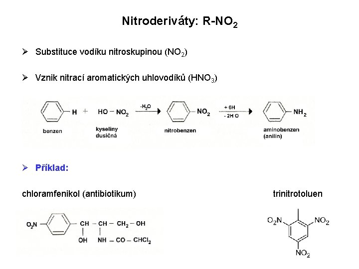 Nitroderiváty: R-NO 2 Ø Substituce vodíku nitroskupinou (NO 2) Ø Vznik nitrací aromatických uhlovodíků